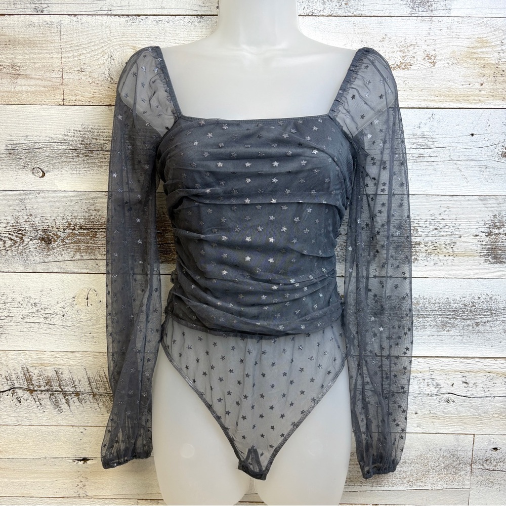 Pant Store Grey Tulle Silver Star Bodysuit Size S Top Shirt L/S Gathers Peasant